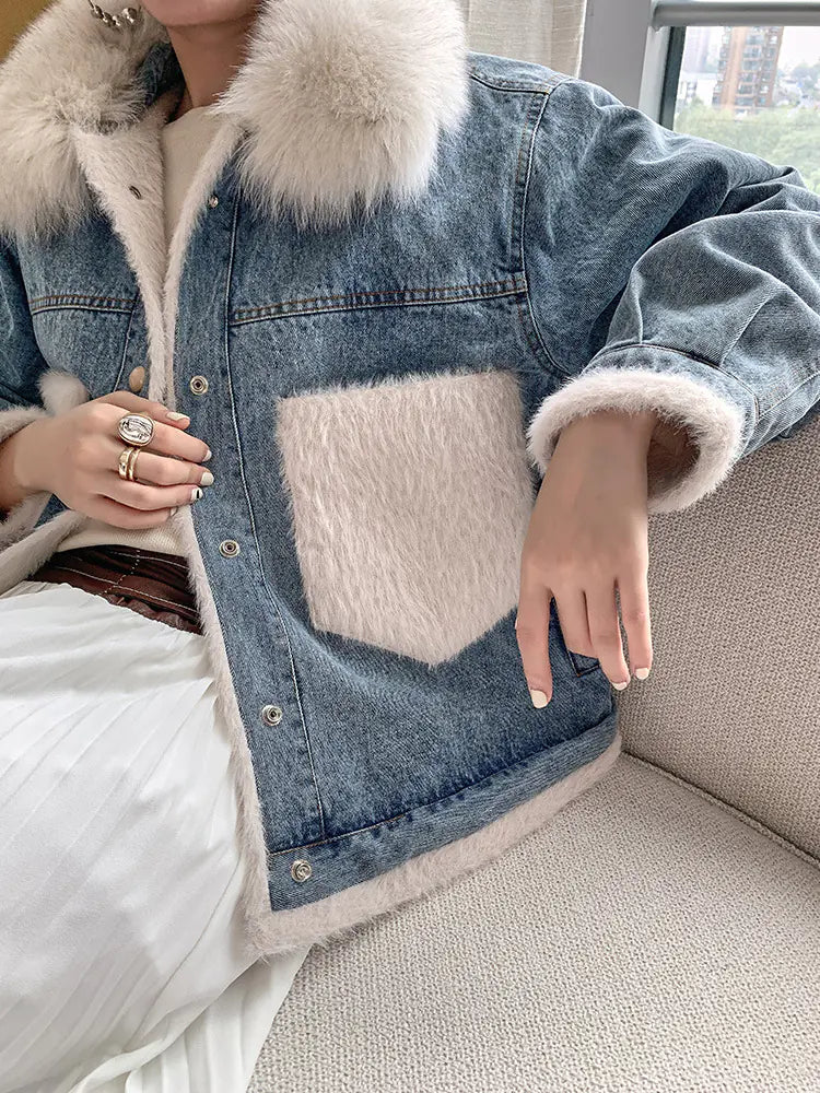 Women's Denim Jacket with Fleece Collar and Loose Fit