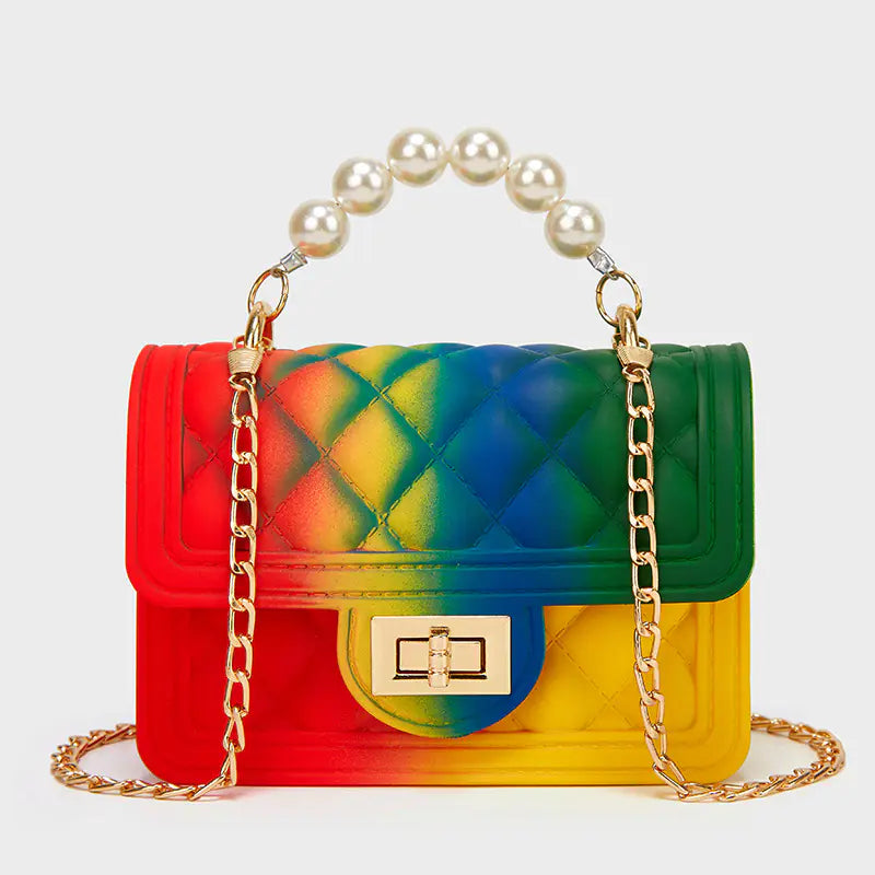 Mini Rainbow PVC Chain Jelly Handbag with Pearl Finish