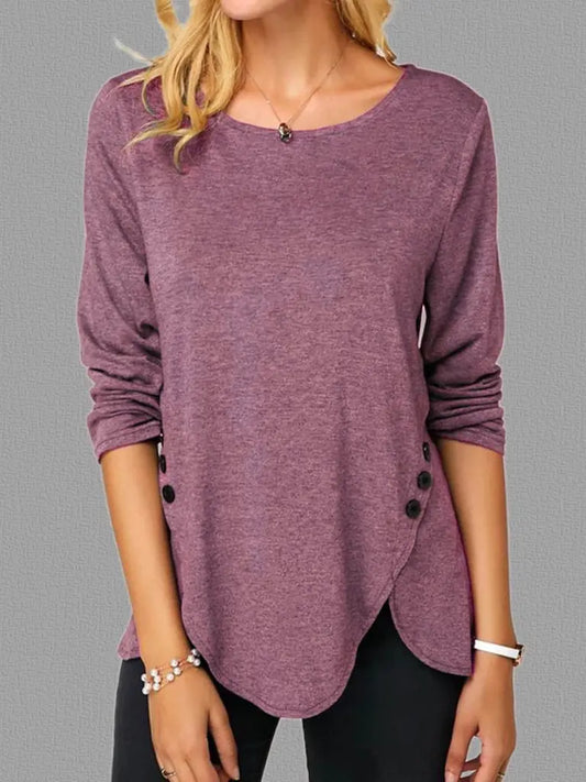 Irregular Button Hem Long Sleeve Round Neck T-Shirt