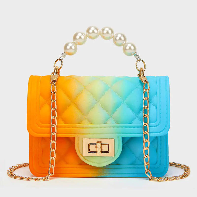 Mini Rainbow PVC Chain Jelly Handbag with Pearl Finish