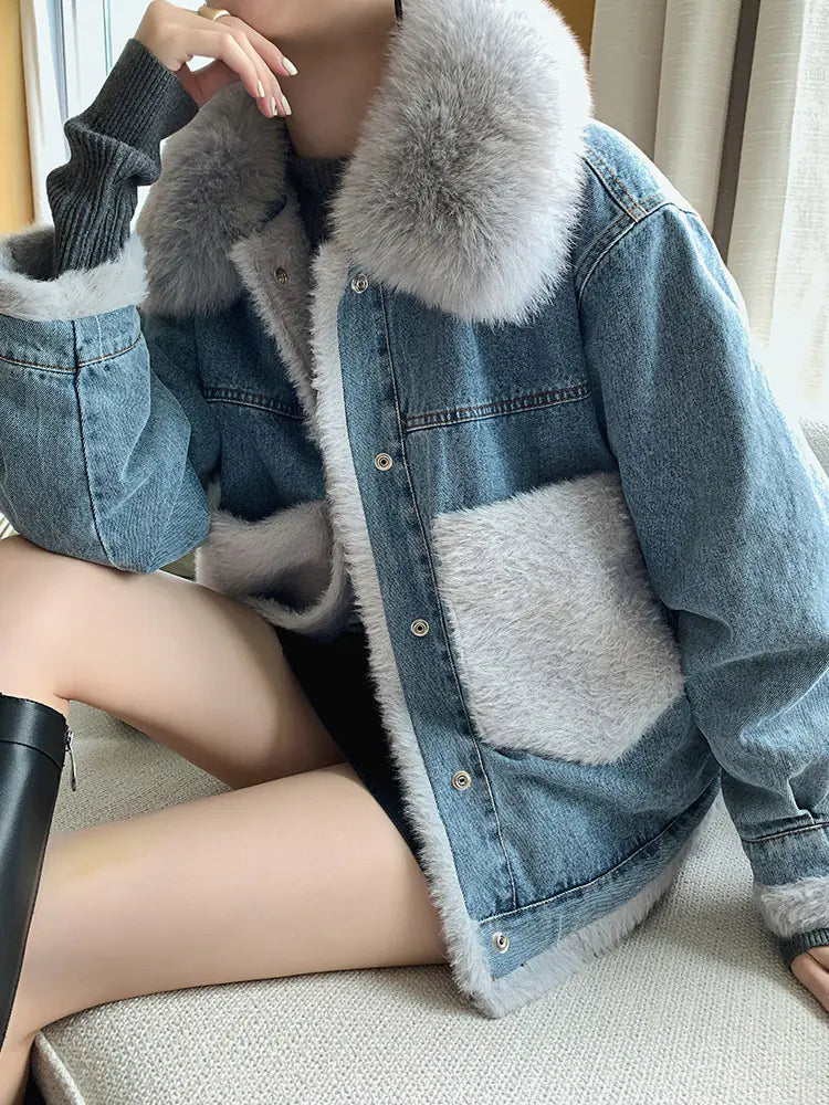 Women's Denim Jacket with Fleece Collar and Loose Fit