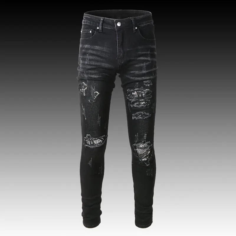 Men's Black Paisley Ripped Jeans with Patch Design