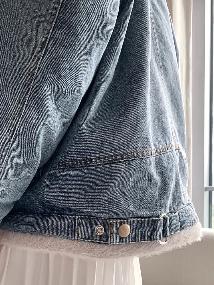 Women's Denim Jacket with Fleece Collar and Loose Fit