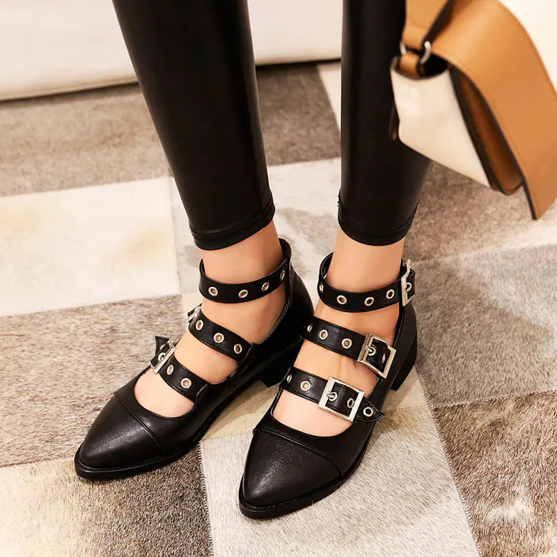 Chunky Heeled Roman Shoes with Studded Buckle