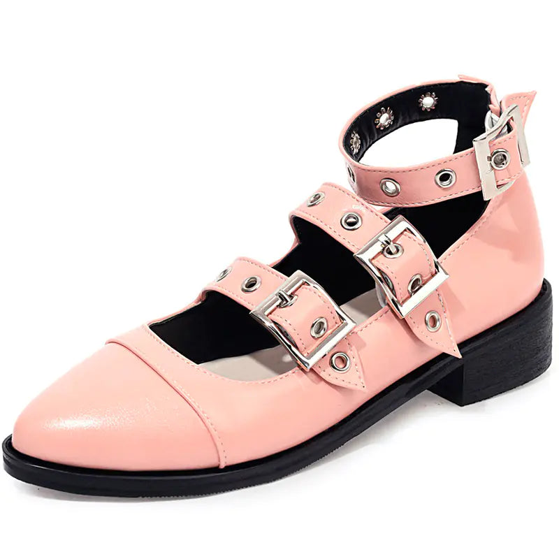 Chunky Heeled Roman Shoes with Studded Buckle
