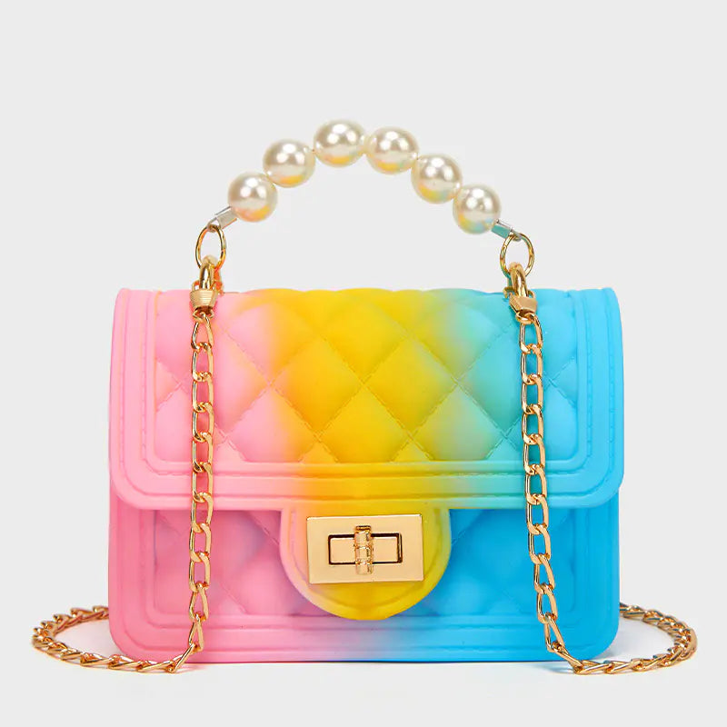Mini Rainbow PVC Chain Jelly Handbag with Pearl Finish
