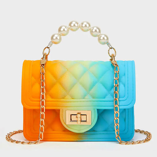 Mini Rainbow PVC Chain Jelly Handbag with Pearl Finish