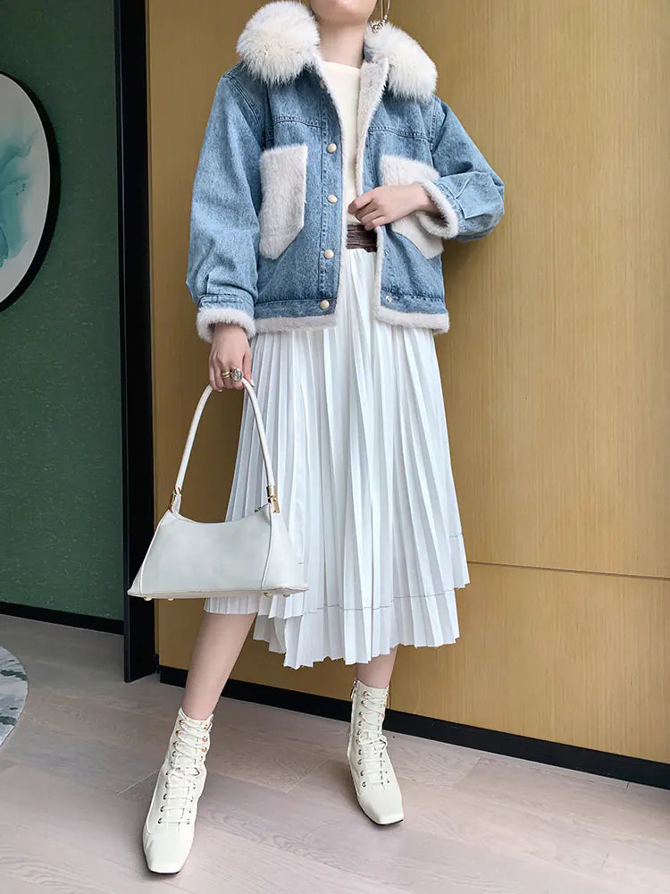 Women's Denim Jacket with Fleece Collar and Loose Fit