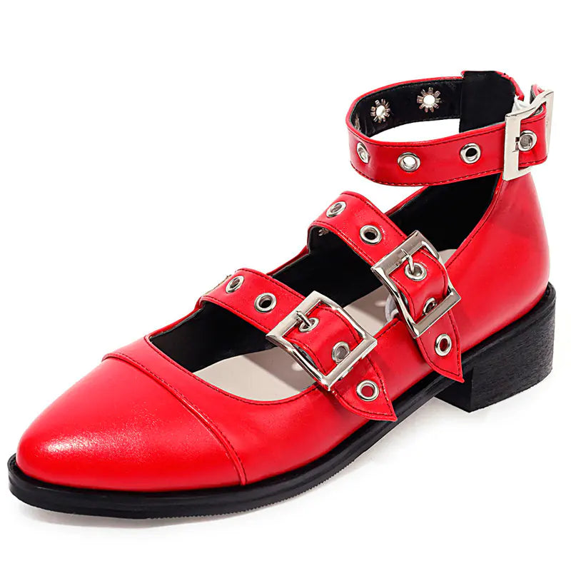 Chunky Heeled Roman Shoes with Studded Buckle