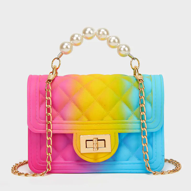 Mini Rainbow PVC Chain Jelly Handbag with Pearl Finish