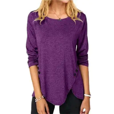 Irregular Button Hem Long Sleeve Round Neck T-Shirt