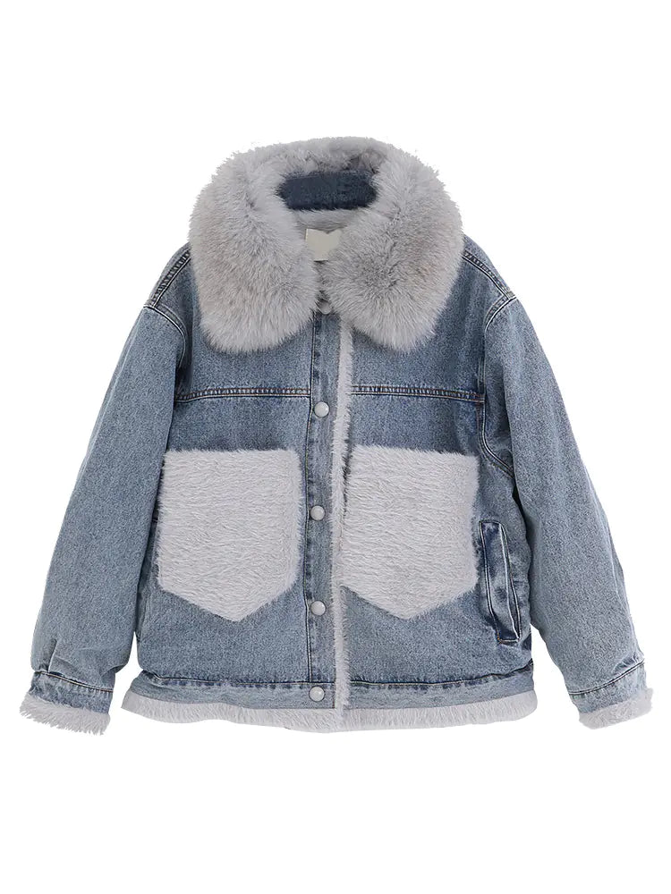 Women's Denim Jacket with Fleece Collar and Loose Fit