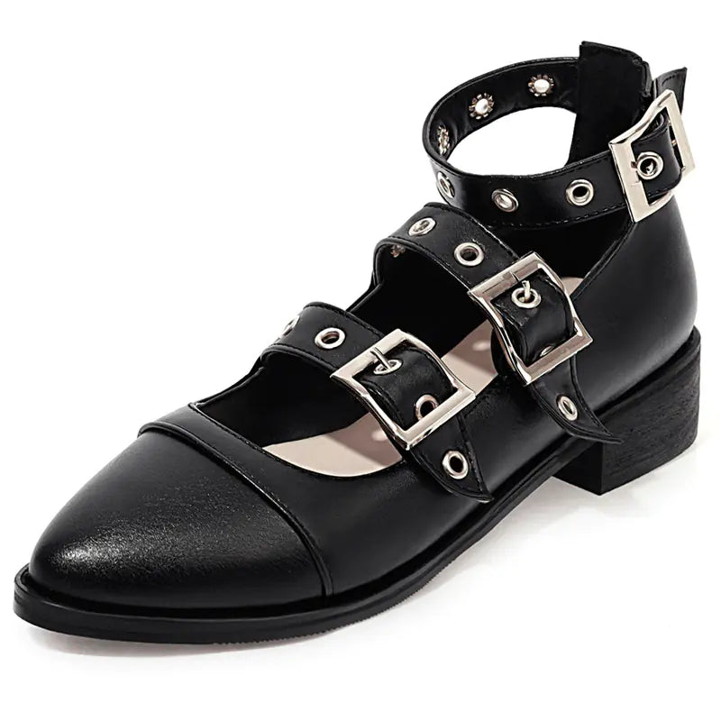 Chunky Heeled Roman Shoes with Studded Buckle