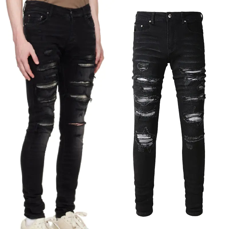 Grey White Dyed Slim Fit Black Jeans for Men