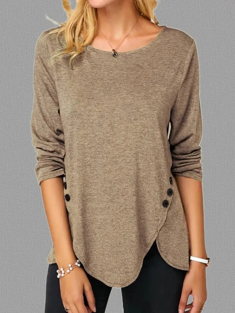 Irregular Button Hem Long Sleeve Round Neck T-Shirt