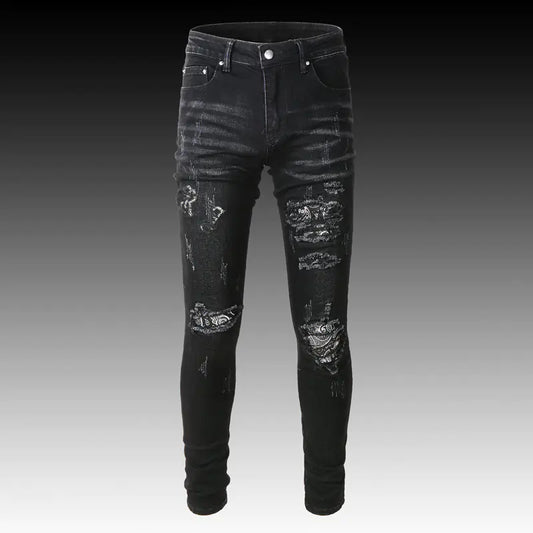 Men's Black Paisley Ripped Jeans with Patch Design